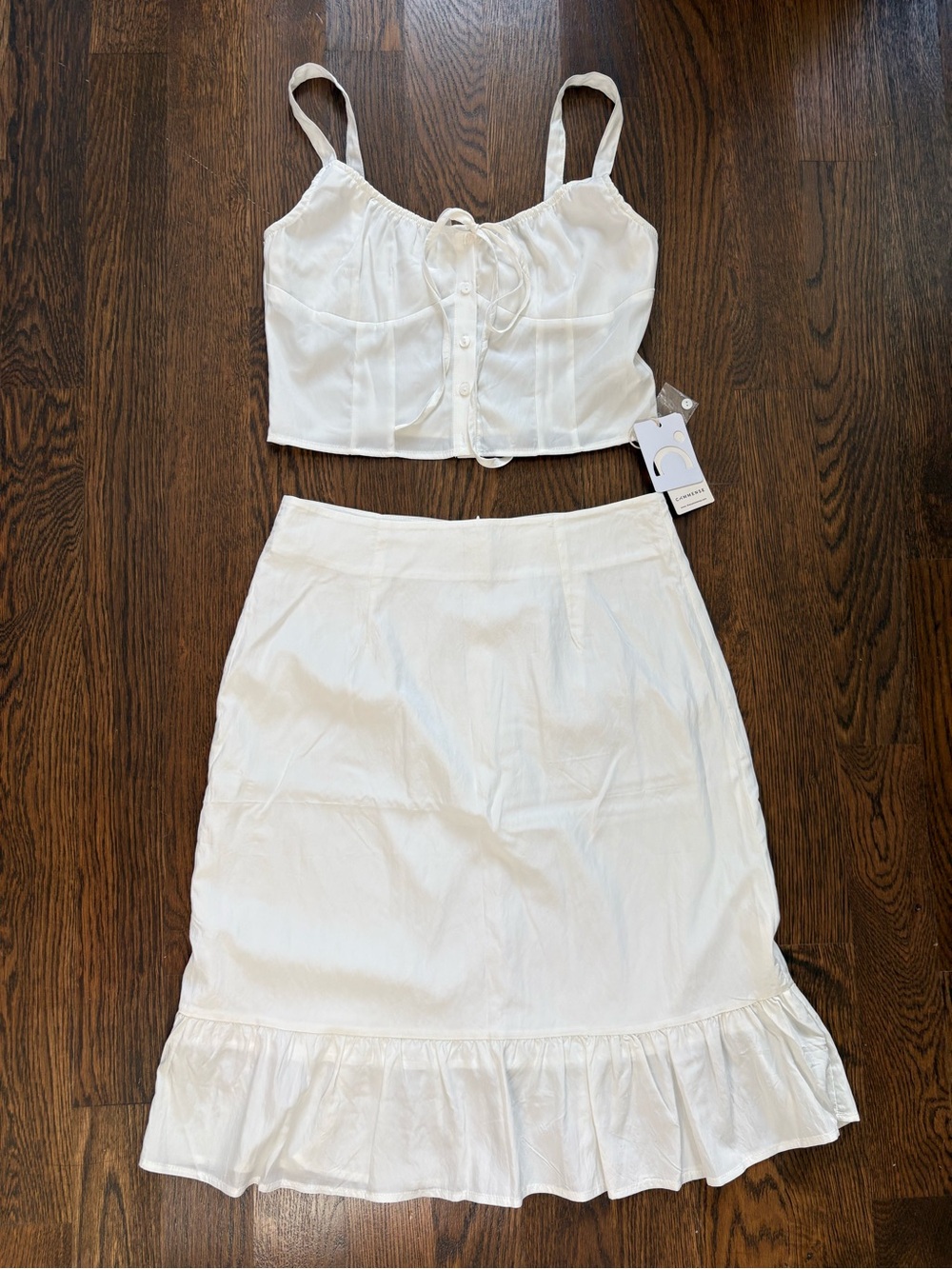 Commense White Two-piece set with Ruffle-Hem Midi Skirt